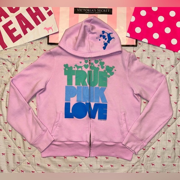 VS PINK VINTAGE Y2K SET HOODIE & SWEATPANTS TRUE PINK LOVE OMBRÉ DOG HEARTS RARE - Picture 2 of 15